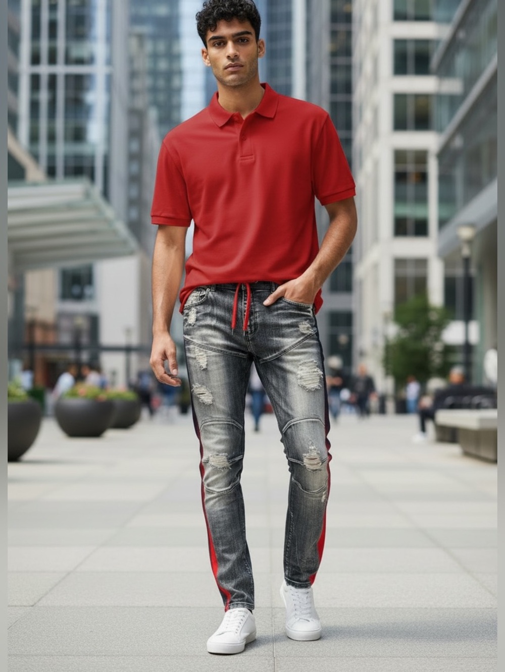 Focus NWOT Slim Fit Blue Distressed Jeans with Red & Purple Stripe